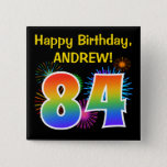 [ Thumbnail: Fun Fireworks + Rainbow Pattern "84" Birthday # Button ]