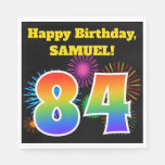 [ Thumbnail: Fun Fireworks + Rainbow Pattern "84" Birthday # Napkins ]