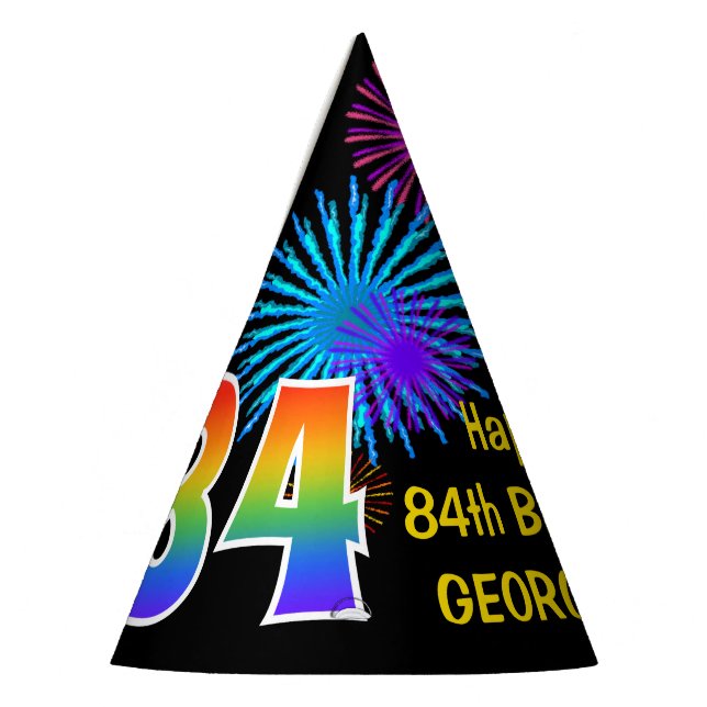 Fun Fireworks + Rainbow Pattern "84" Birthday # Party Hat (Left)