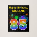 [ Thumbnail: Fun Fireworks + Rainbow Pattern "85" Birthday # Jigsaw Puzzle ]