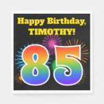 [ Thumbnail: Fun Fireworks + Rainbow Pattern "85" Birthday # Napkins ]