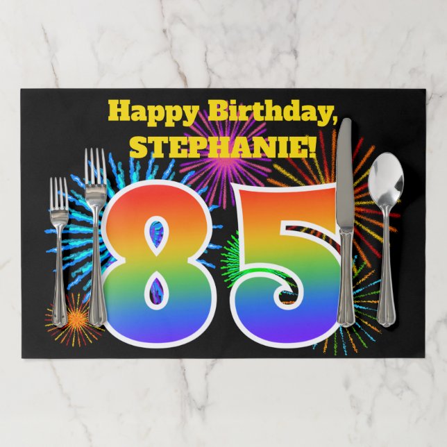 Fun Fireworks + Rainbow Pattern "85" Birthday # Paper Placemat (In Situ)