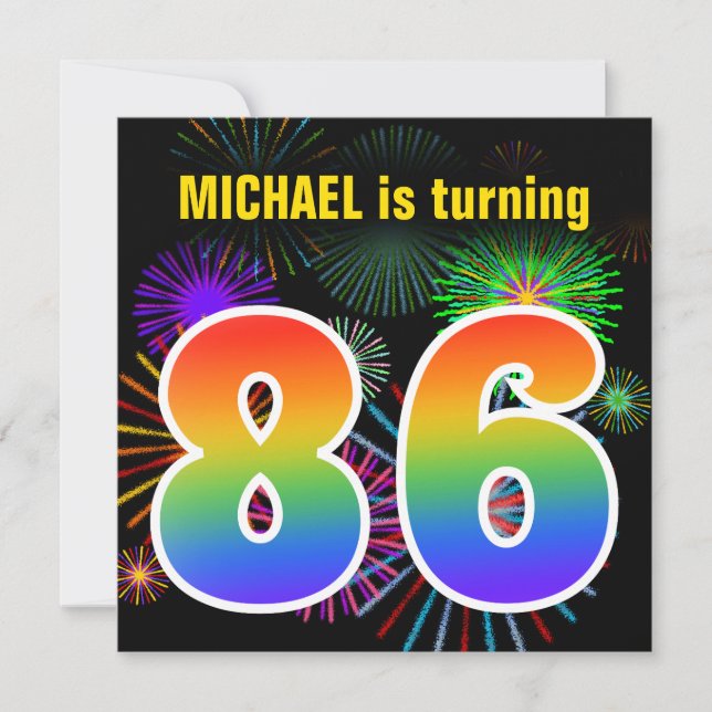 Fun Fireworks + Rainbow Pattern "86" Birthday # Invitation (Front)