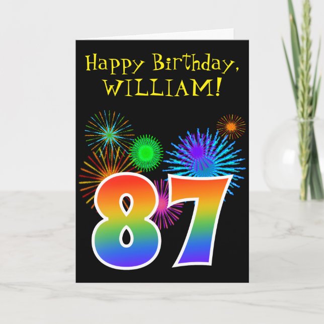 Fun Fireworks + Rainbow Pattern "87" Birthday # Card (Front)