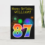 [ Thumbnail: Fun Fireworks + Rainbow Pattern "87" Birthday # Card ]