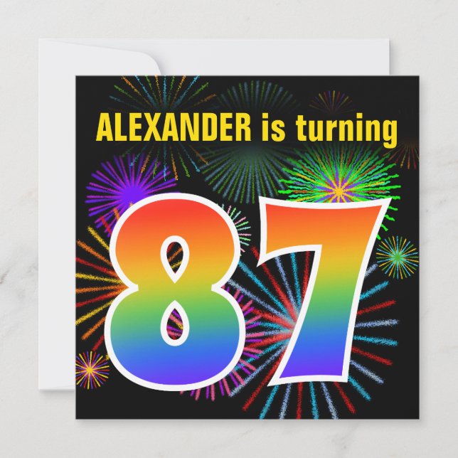 Fun Fireworks + Rainbow Pattern "87" Birthday # Invitation (Front)