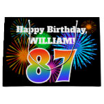[ Thumbnail: Fun Fireworks + Rainbow Pattern "87" Birthday # Gift Bag ]