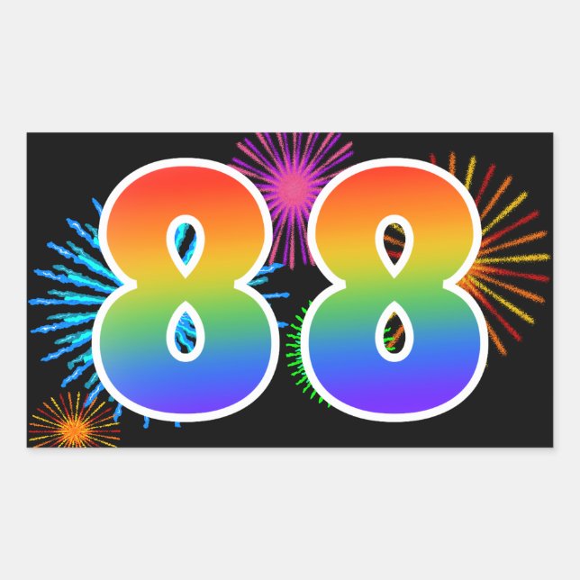 Fun Fireworks + Rainbow Pattern "88" Event Number Rectangular Sticker (Front)