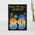 [ Thumbnail: Fun Fireworks + Rainbow Pattern "89" Birthday # Card ]