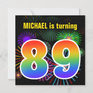 Fun Fireworks + Rainbow Pattern "89" Birthday # Invitation