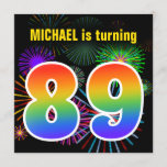 [ Thumbnail: Fun Fireworks + Rainbow Pattern "89" Birthday # Invitation ]