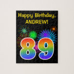 [ Thumbnail: Fun Fireworks + Rainbow Pattern "89" Birthday # Jigsaw Puzzle ]