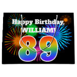 [ Thumbnail: Fun Fireworks + Rainbow Pattern "89" Birthday # Gift Bag ]