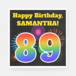 [ Thumbnail: Fun Fireworks + Rainbow Pattern "89" Birthday # Napkins ]