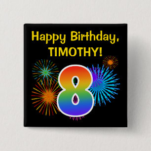 Fun Fireworks + Rainbow Pattern "8" Birthday # Button