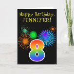 [ Thumbnail: Fun Fireworks + Rainbow Pattern "8" Birthday # Card ]