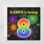 [ Thumbnail: Fun Fireworks + Rainbow Pattern "8" Birthday # Invitation ]