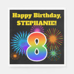 [ Thumbnail: Fun Fireworks + Rainbow Pattern "8" Birthday # Napkins ]
