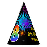 [ Thumbnail: Fun Fireworks + Rainbow Pattern "8" Birthday # Party Hat ]