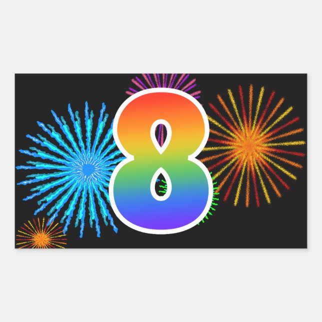 Fun Fireworks + Rainbow Pattern "8" Event Number Rectangular Sticker (Front)