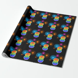 Fun Fireworks + Rainbow Pattern "8" Event Number Wrapping Paper
