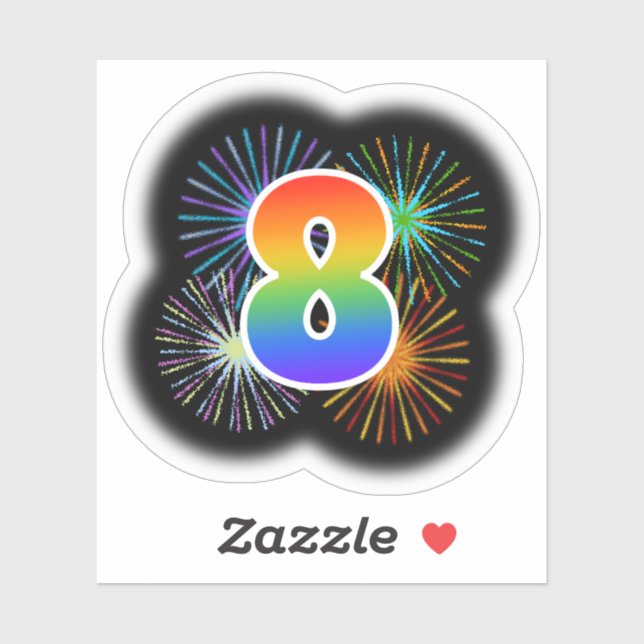 Fun Fireworks + Rainbow Pattern "8" Event # Sticker (Sheet)