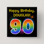 [ Thumbnail: Fun Fireworks + Rainbow Pattern "90" Birthday # Button ]