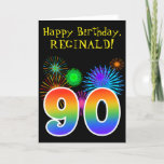 [ Thumbnail: Fun Fireworks + Rainbow Pattern "90" Birthday # Card ]