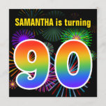 [ Thumbnail: Fun Fireworks + Rainbow Pattern "90" Birthday # Invitation ]
