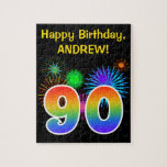 [ Thumbnail: Fun Fireworks + Rainbow Pattern "90" Birthday # Jigsaw Puzzle ]