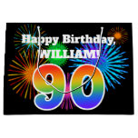 [ Thumbnail: Fun Fireworks + Rainbow Pattern "90" Birthday # Gift Bag ]
