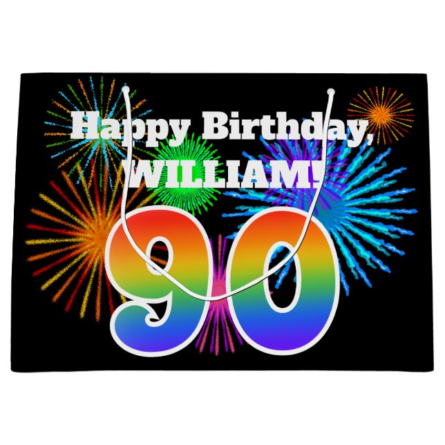 Fun Fireworks + Rainbow Pattern "90" Birthday # Large Gift Bag (Front)