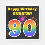 [ Thumbnail: Fun Fireworks + Rainbow Pattern "90" Birthday # Napkins ]