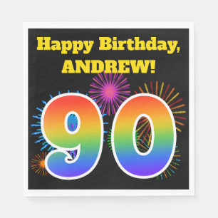 Fun Fireworks + Rainbow Pattern "90" Birthday # Napkins