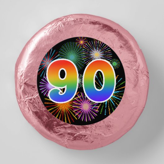 Fun Fireworks, Rainbow Pattern "90" Event # Dipped Oreo Cookie Favors (Front)