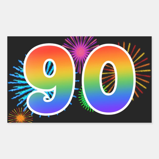 Fun Fireworks + Rainbow Pattern "90" Event Number Rectangular Sticker (Front)