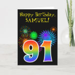 [ Thumbnail: Fun Fireworks + Rainbow Pattern "91" Birthday # Card ]