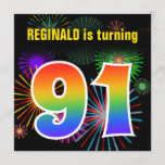 [ Thumbnail: Fun Fireworks + Rainbow Pattern "91" Birthday # Invitation ]