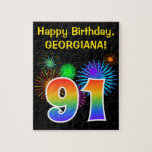 [ Thumbnail: Fun Fireworks + Rainbow Pattern "91" Birthday # Jigsaw Puzzle ]