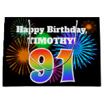 [ Thumbnail: Fun Fireworks + Rainbow Pattern "91" Birthday # Gift Bag ]