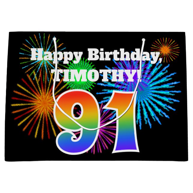 Fun Fireworks + Rainbow Pattern "91" Birthday # Large Gift Bag (Front)