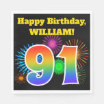 [ Thumbnail: Fun Fireworks + Rainbow Pattern "91" Birthday # Napkins ]