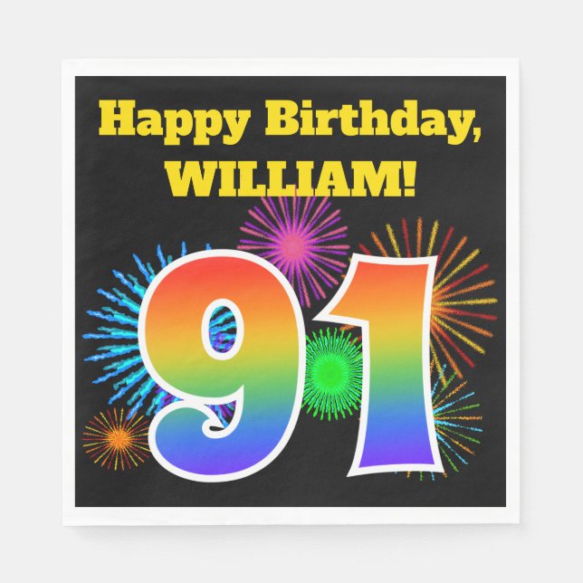 Fun Fireworks + Rainbow Pattern "91" Birthday # Napkins (Front)