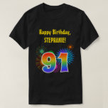 [ Thumbnail: Fun Fireworks + Rainbow Pattern "91" Birthday # T-Shirt ]