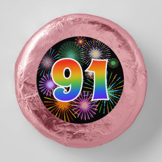 Fun Fireworks, Rainbow Pattern "91" Event # Dipped Oreo Cookie Favors (Front)