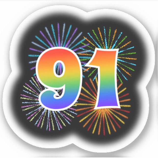 Fun Fireworks + Rainbow Pattern "91" Event # Sticker (Front)