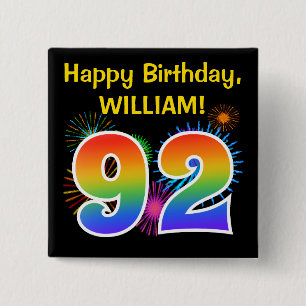 Fun Fireworks + Rainbow Pattern "92" Birthday # Button