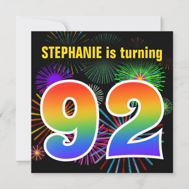 Fun Fireworks + Rainbow Pattern "92" Birthday # Invitation (Front)