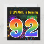 [ Thumbnail: Fun Fireworks + Rainbow Pattern "92" Birthday # Invitation ]