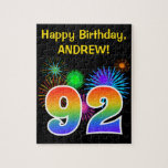 [ Thumbnail: Fun Fireworks + Rainbow Pattern "92" Birthday # Jigsaw Puzzle ]